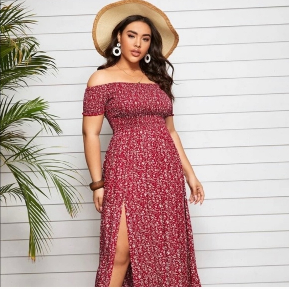 SHEIN Red Floral Off-Shoulder Maxi Dress